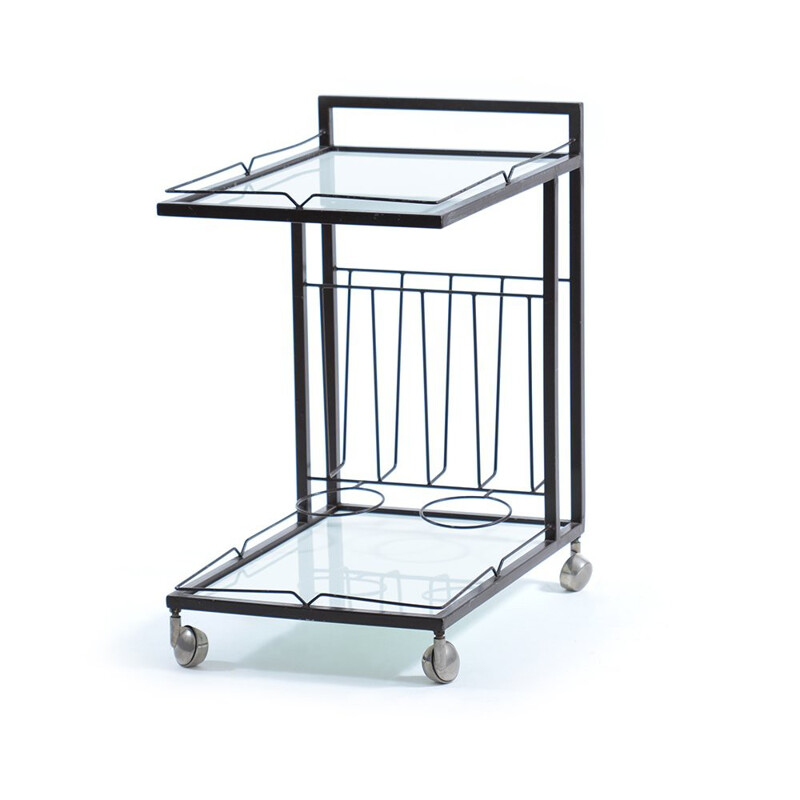 Serving trolley in metal and white glass - 1970s