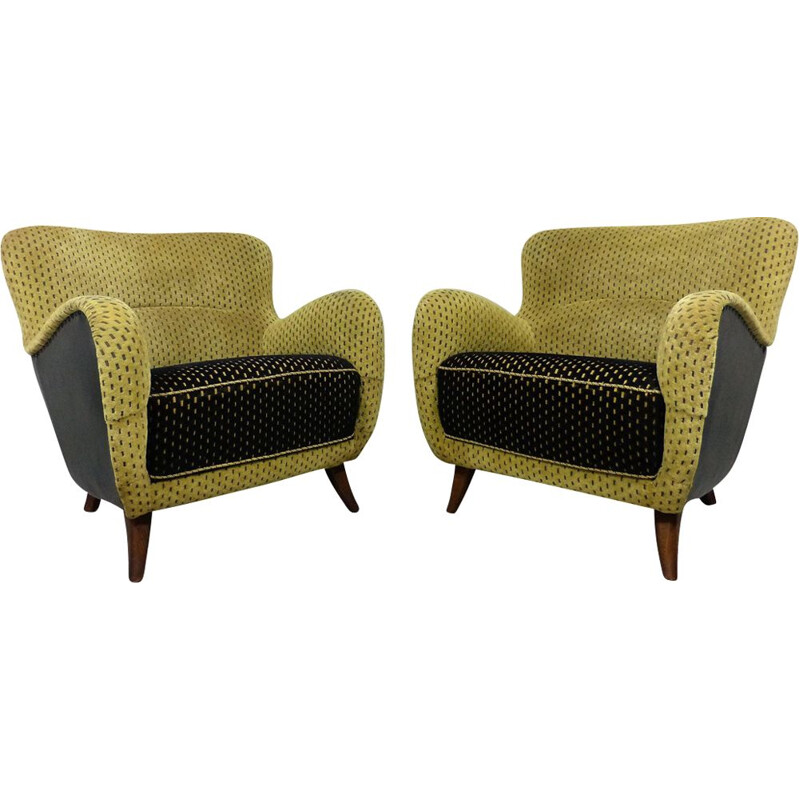 Pair of vintage armchairs in black and green velvet and wood 1950