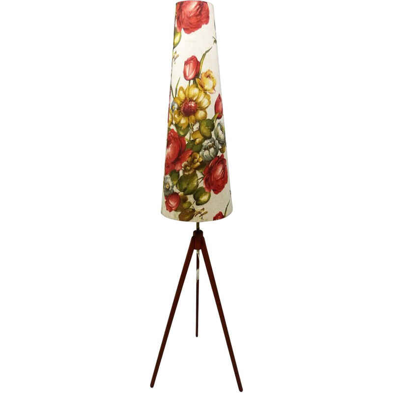 Vintage tripod floor lamp in teak and fabric with flower shade 1950