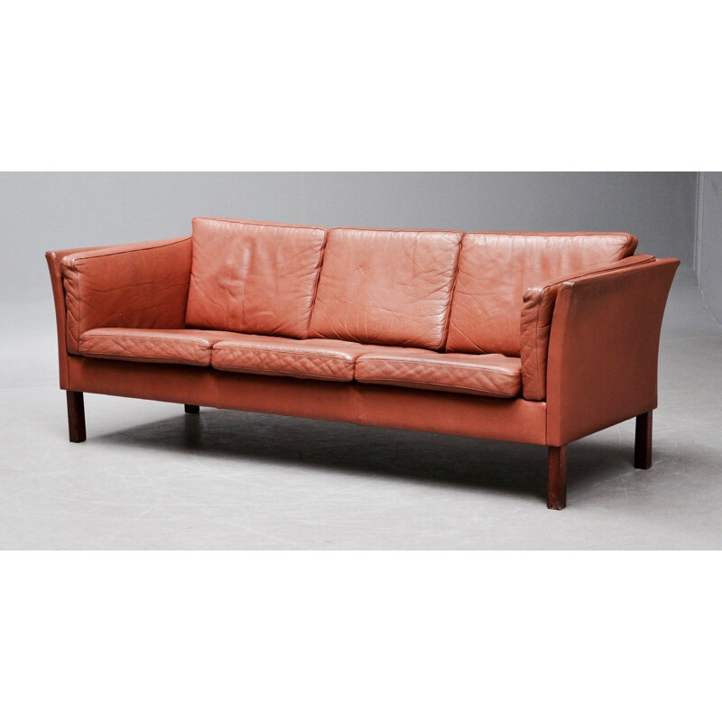 Scandinavian 3-seater sofa in brown leather and teak