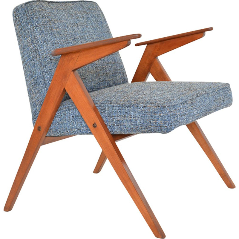 Vintage armchair in blue fabric and wood 1970