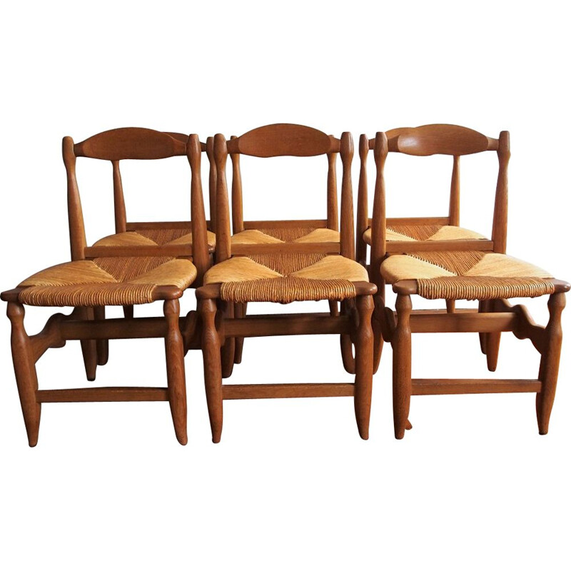 Serie of 6 vintage chairs in solid oak by Guillerme and Chambron 1960