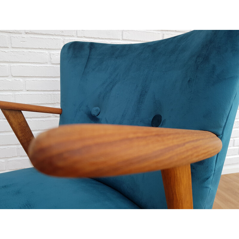 Danish armchair in blue velvet and teak