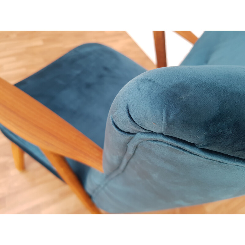 Danish armchair in blue velvet and teak