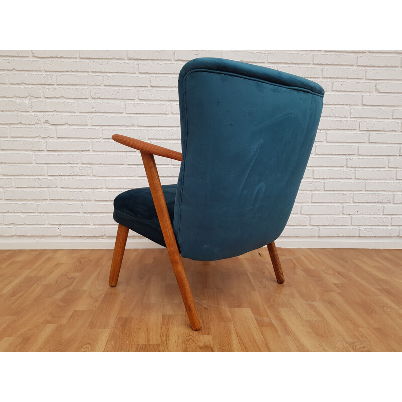 Danish armchair in blue velvet and teak