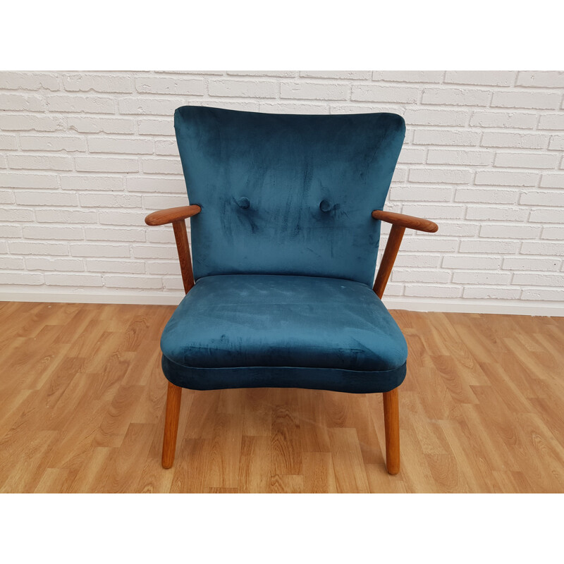 Danish armchair in blue velvet and teak