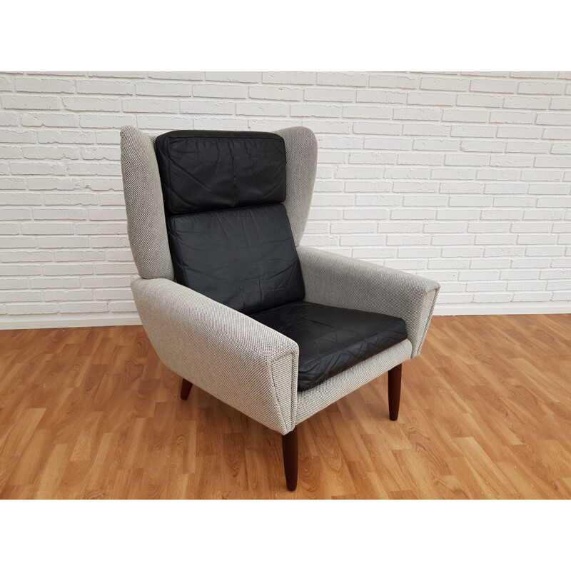 Fauteuil vintage danois en laine blanche et teck 1970