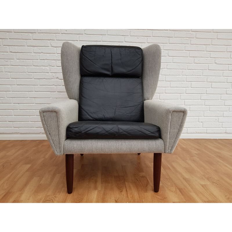 Fauteuil vintage danois en laine blanche et teck 1970