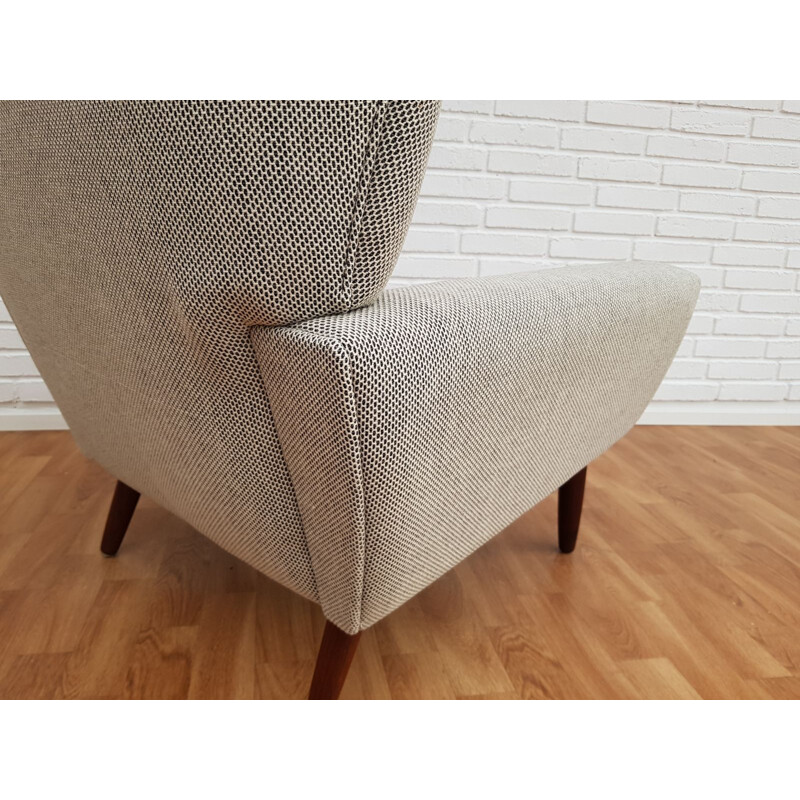 Fauteuil vintage danois en laine blanche et teck 1970