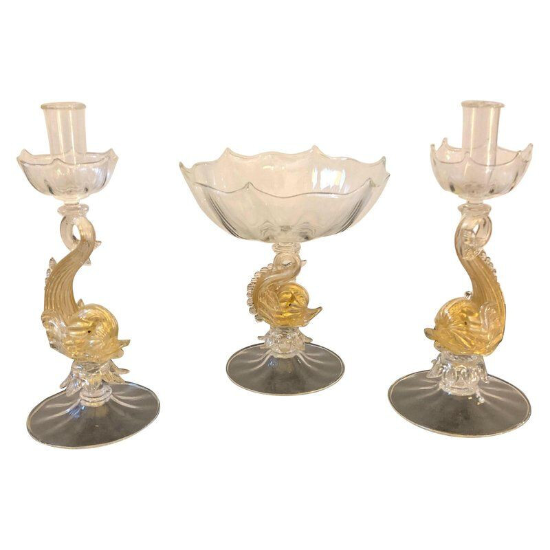 Pair of vintage candlesticks in Murano glass, with centerpiece