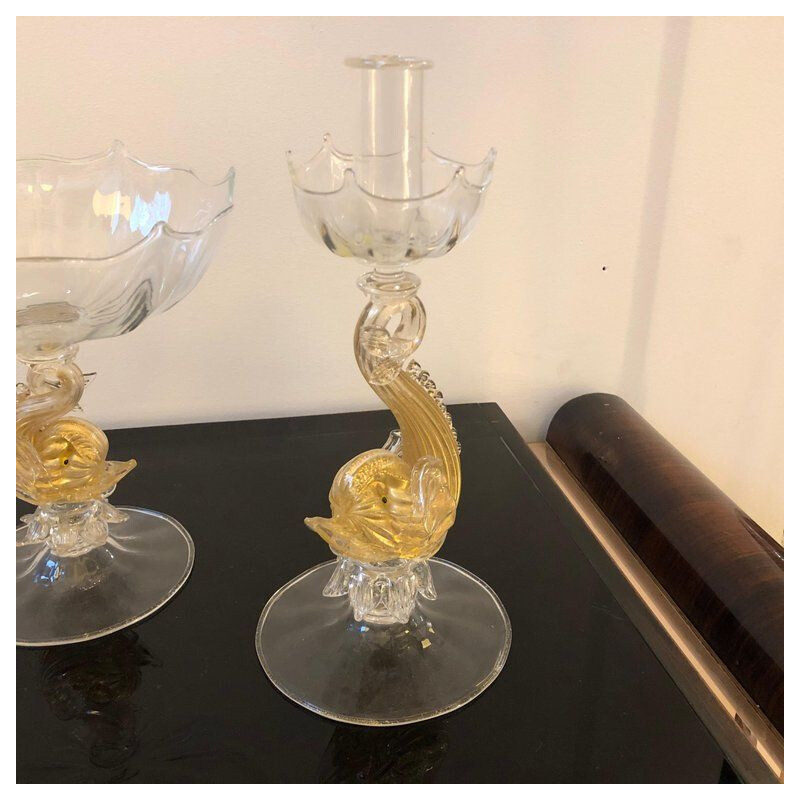 Paire de bougeoirs vintage en verre de Murano, avec pièce de table
