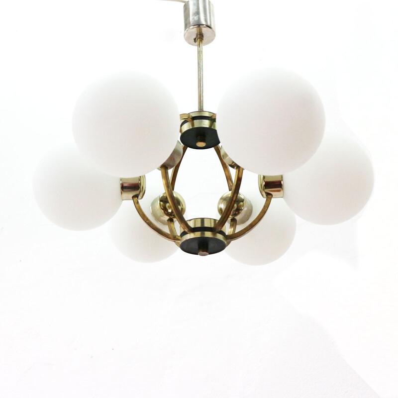 Vintage chandelier in brass with frosted glass shades 1950s