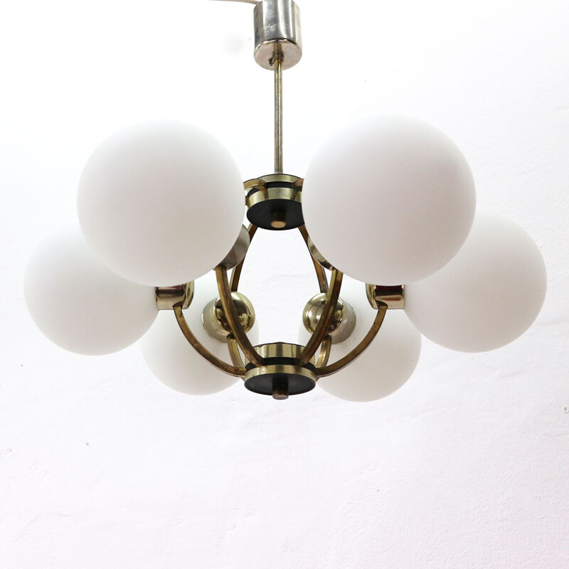 Vintage chandelier in brass with frosted glass shades 1950s