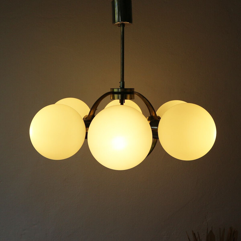 Vintage chandelier in brass with frosted glass shades 1950s