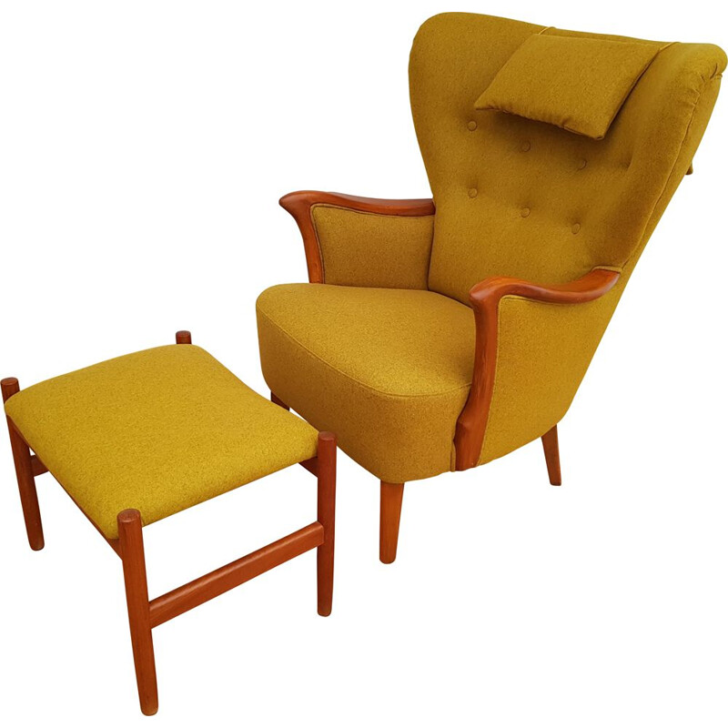 Fauteuil vintage jaune avec repose pieds 1960