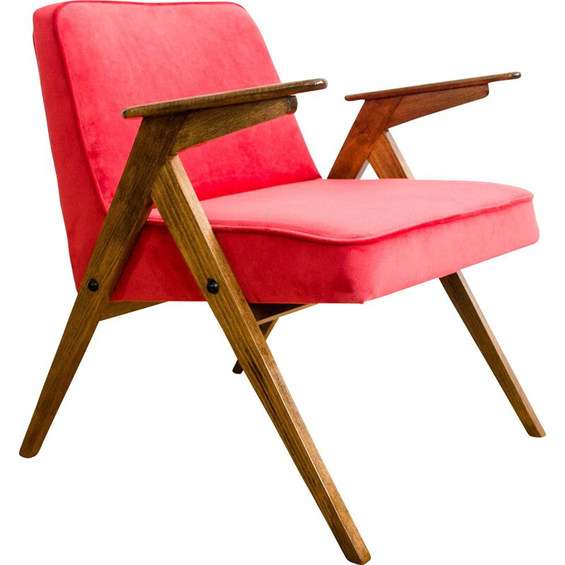 Vintage armchair in beech and red fabric