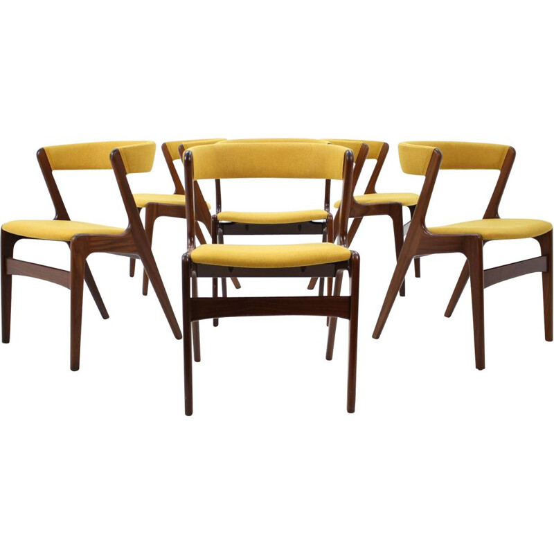 Set of 6 yellow chairs in teak by Kai Kristiansen