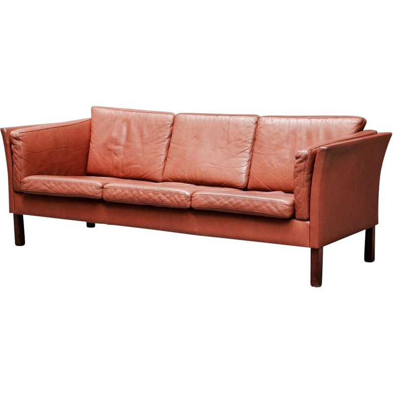 Scandinavian 3-seater sofa in brown leather and teak