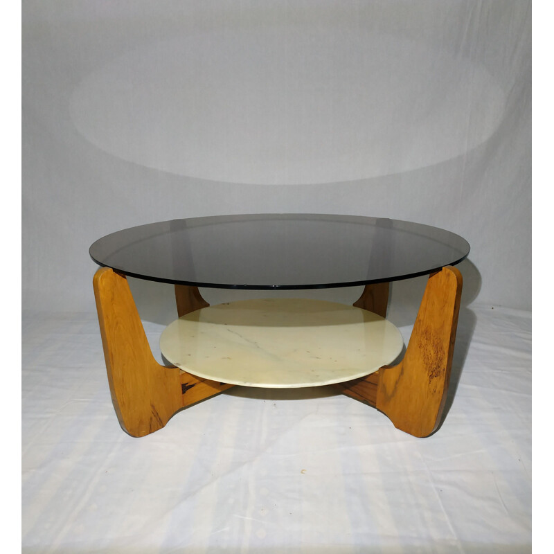Table basse vintage en verre, marbre et palissandre de Hugues Poignant années 60