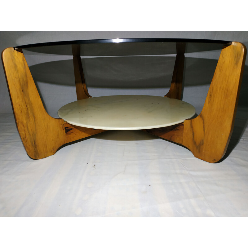 Vintage coffee table in glass, marble and rosewood by Hugues Poignant 1960s