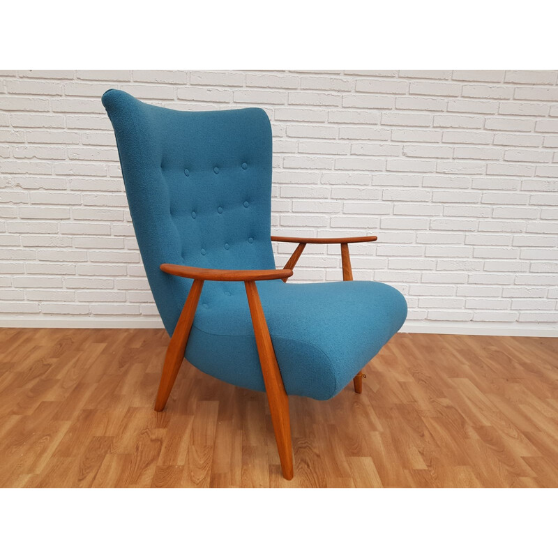 Vintage danish armchair in blue wool and beechwood 1960