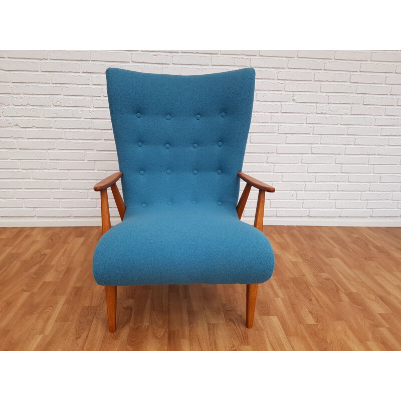 Vintage danish armchair in blue wool and beechwood 1960