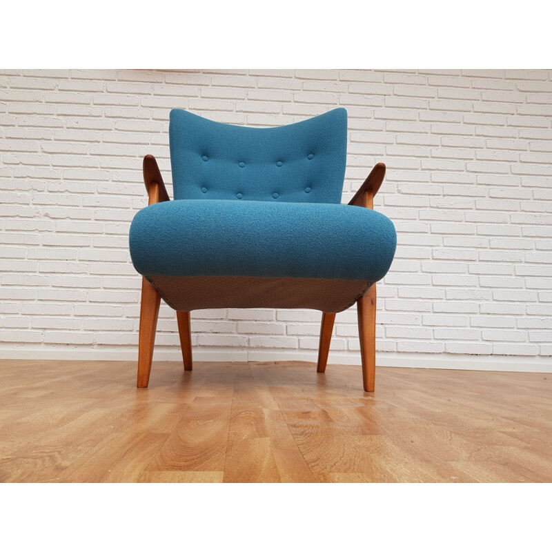 Vintage danish armchair in blue wool and beechwood 1960