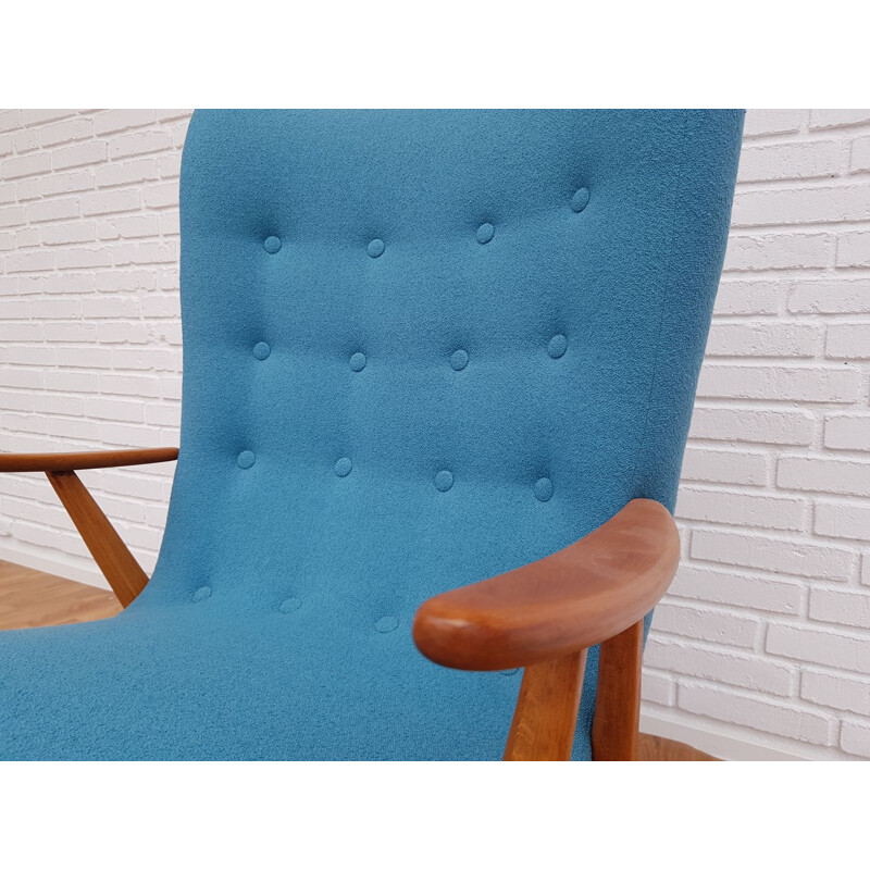 Vintage danish armchair in blue wool and beechwood 1960