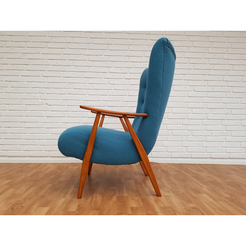Vintage danish armchair in blue wool and beechwood 1960