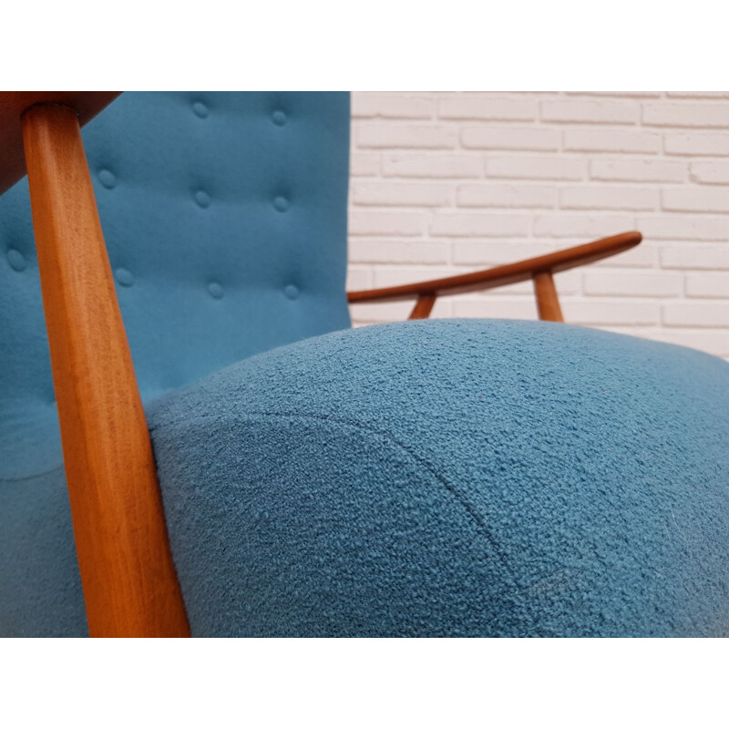 Vintage danish armchair in blue wool and beechwood 1960