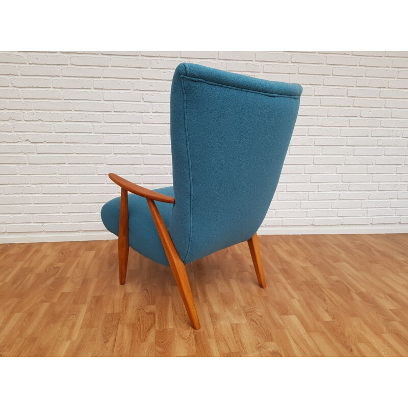 Vintage danish armchair in blue wool and beechwood 1960