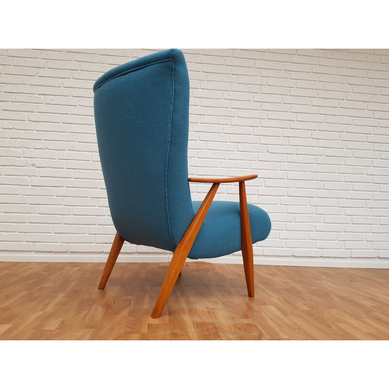 Fauteuil vintage danois en laine bleue et bois de hêtre 1960