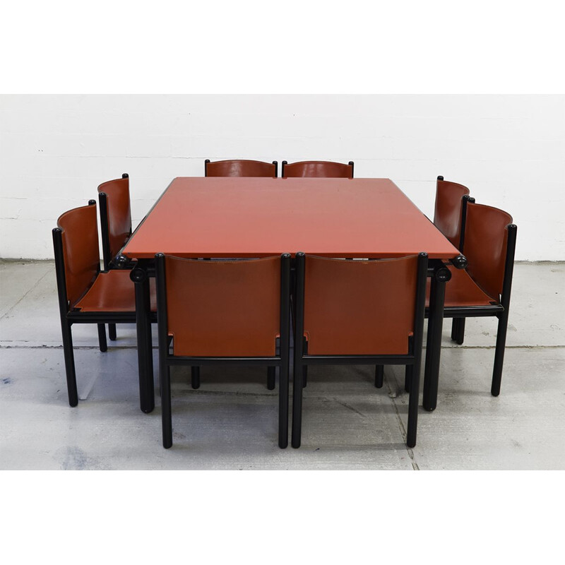 Vintage Capri and Caprile dining set for Cassina in brown leather and wood 1985