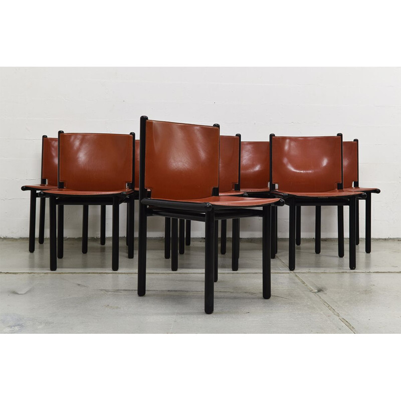 Vintage Capri and Caprile dining set for Cassina in brown leather and wood 1985