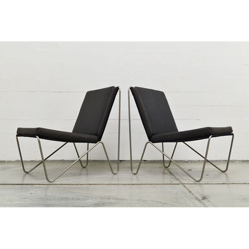 Pair of vintage Bachelor chairs for Fritz Hansen in black fabric and steel 1960