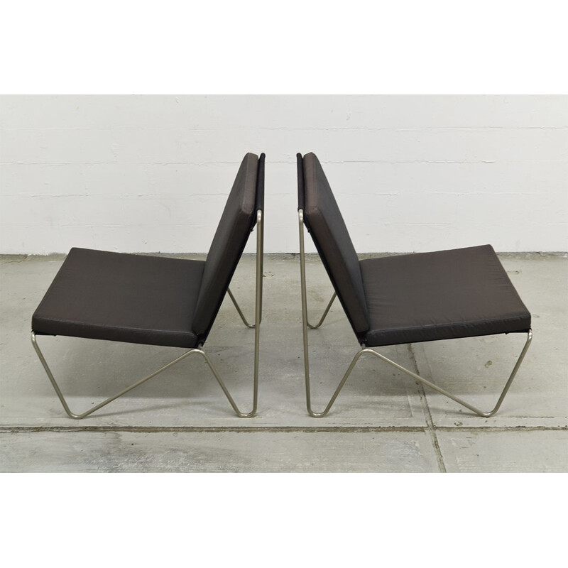 Pair of vintage Bachelor chairs for Fritz Hansen in black fabric and steel 1960