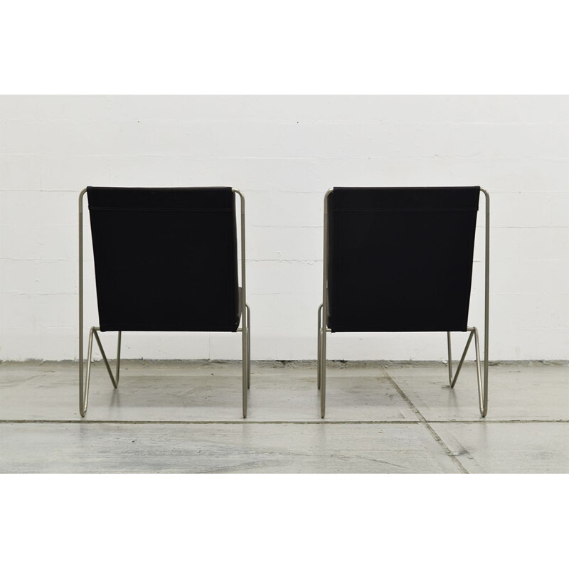 Pair of vintage Bachelor chairs for Fritz Hansen in black fabric and steel 1960