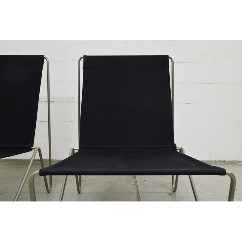 Pair of vintage Bachelor chairs for Fritz Hansen in black fabric and steel 1960