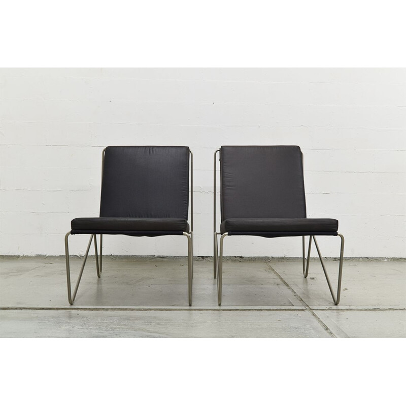 Pair of vintage Bachelor chairs for Fritz Hansen in black fabric and steel 1960