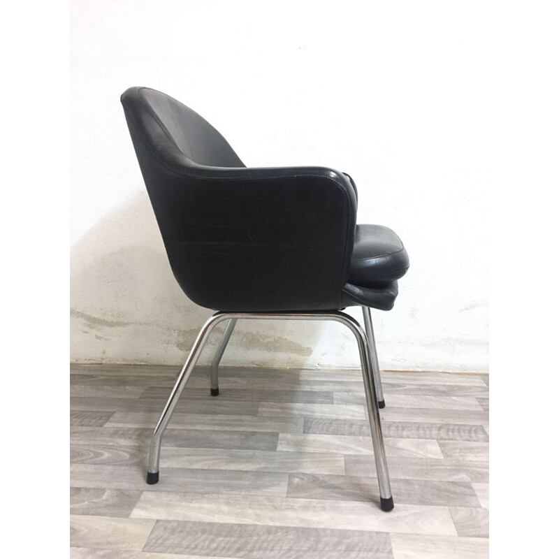 Fauteuil de bureau vintage en skaï noir et chrome 1970