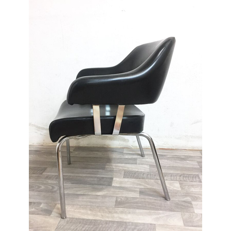 French vintage armchair in black leatherette and metal 1970