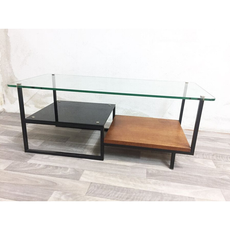 Vintage coffee table in glass and teak Germany 1960
