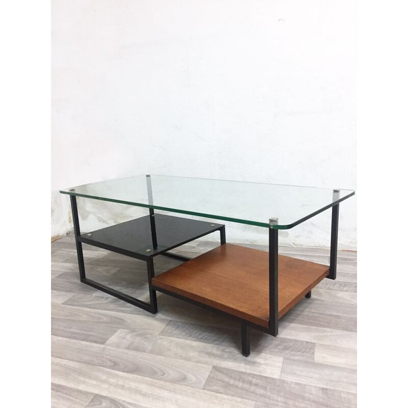 Vintage coffee table in glass and teak Germany 1960