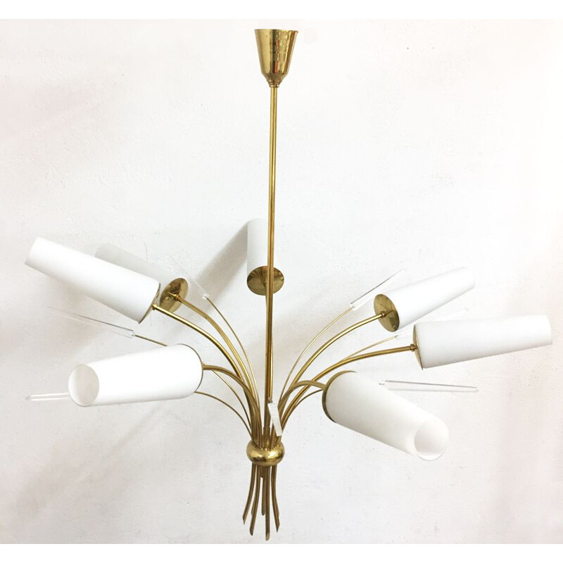 Vintage chandelier golden brass and opaline XXL 1970