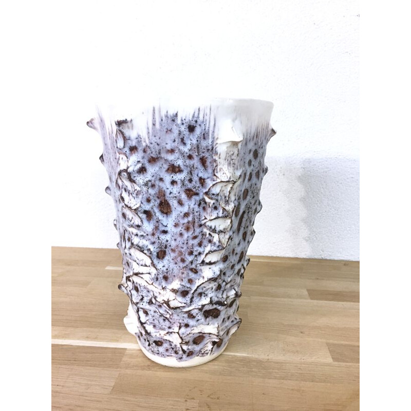 Vintage vase in textured ceramic France 1950s
