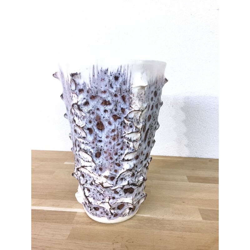 Vintage vase in textured ceramic France 1950s