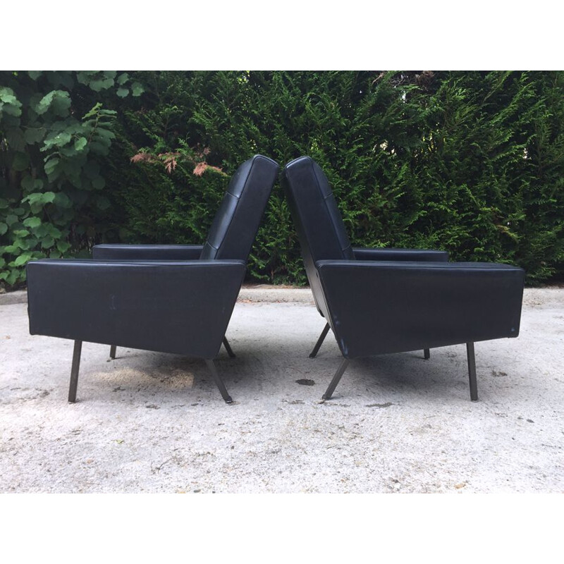 Pair of vintage armchairs in black leatherette 1960