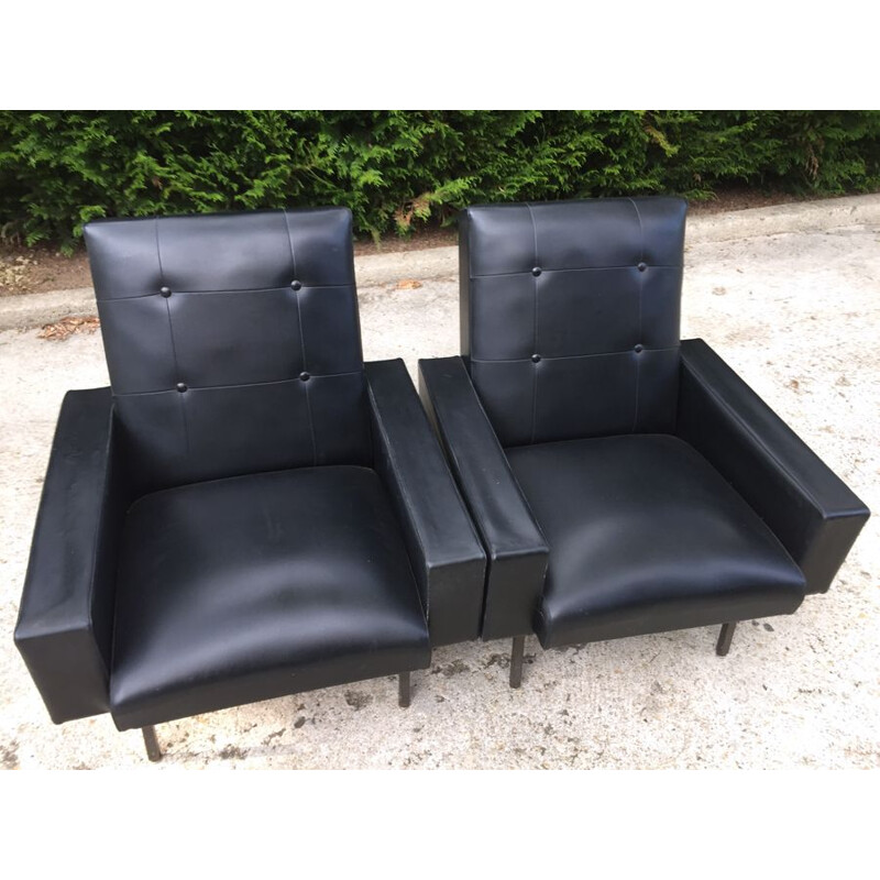 Pair of vintage armchairs in black leatherette 1960