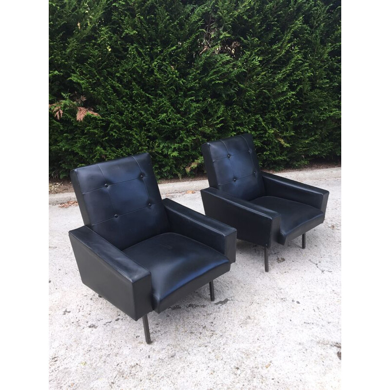 Pair of vintage armchairs in black leatherette 1960