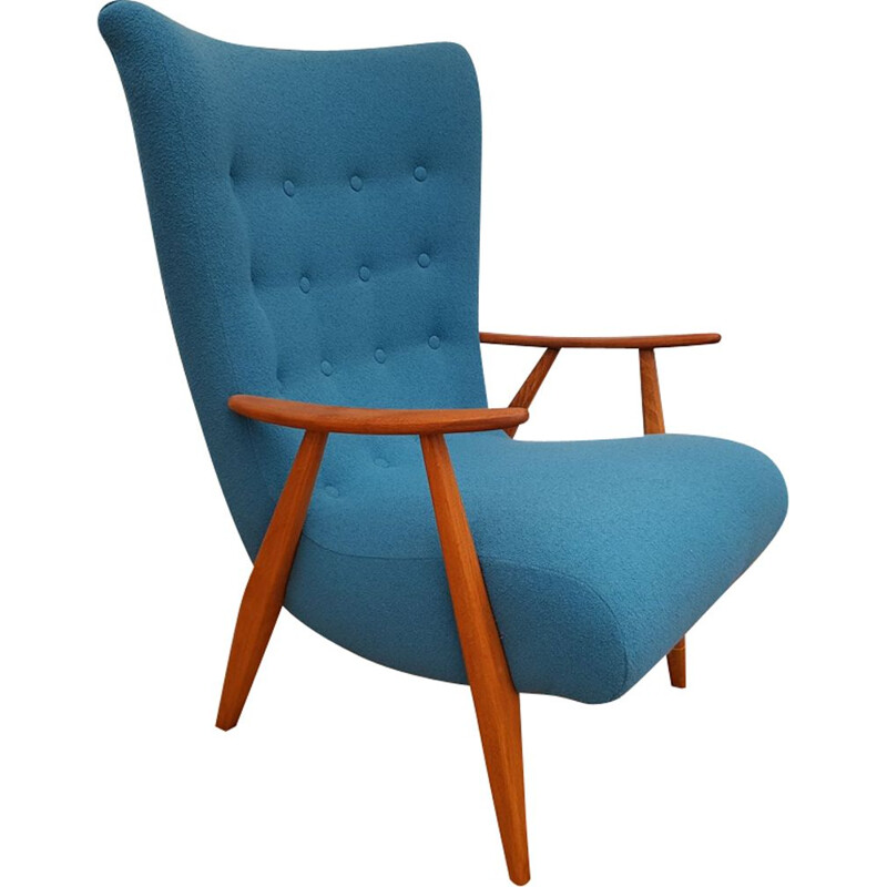 Vintage danish armchair in blue wool and beechwood 1960